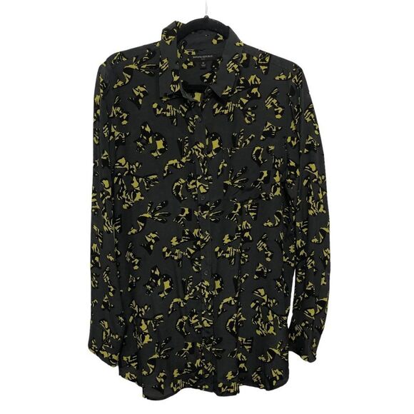 Banana Republic Gray Yellow Black Silk Blouse Top Size Medium Long Sleeve Pocket - Picture 2 of 13